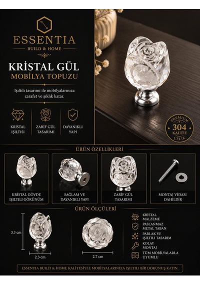 Premium Kristal Gül Mobilya Topuzu Lüks Dekoratif Dolap Ve Çekmece Kulpu Çoklu Renk