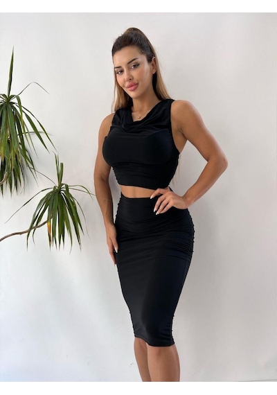 Pink Life Siyah Sandy Kumaş Sırt Dekolteli İkili Takım Siyah