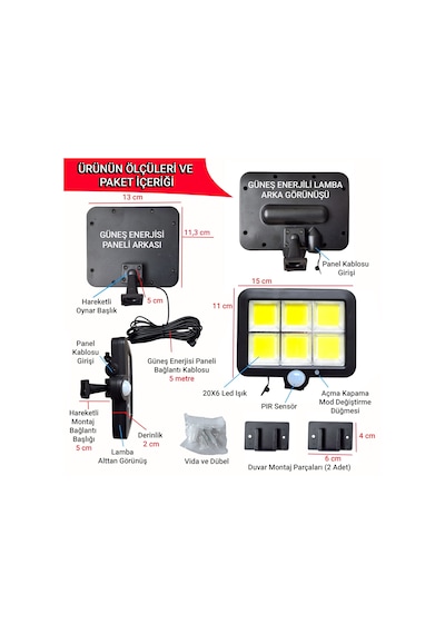 Upway Güneş Enerjili Sensörlü 800 Lm 120 Led Lamba - İç Ve Dış Mekan Solar Aydınlatma Beyaz Işık