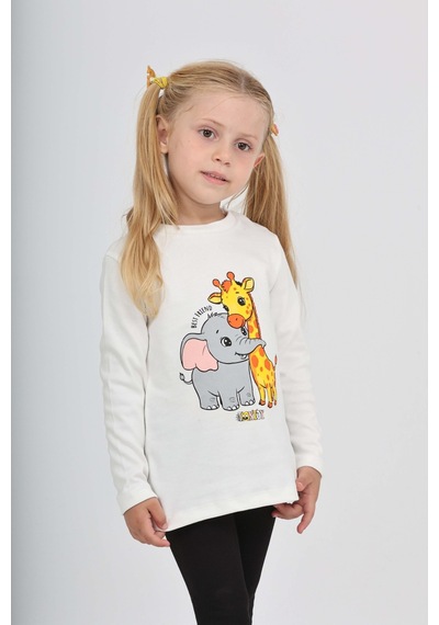 Toontoy Kız Çocuk Zürafa Fil Baskılı Sweatshirt Ekru