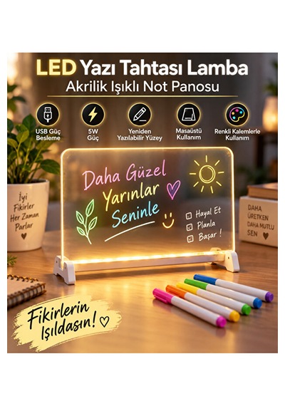 Led Işıklı Yazı Tahtası Akrilik Not Panosu Usb 5w Masaüstü Dekoratif Gece Lambası Beyaz