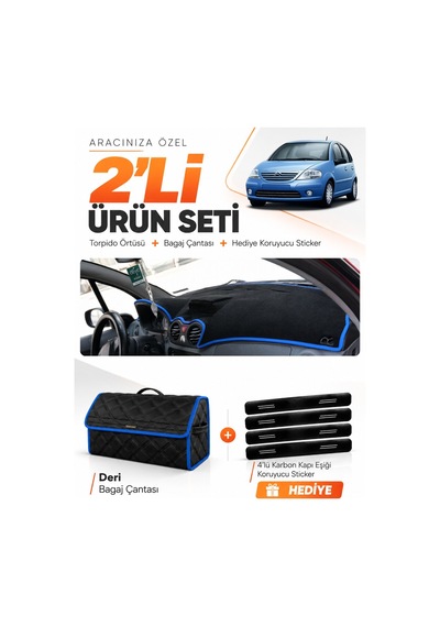 E-biz Cıtroen C3 2004-2009 Uyumlu Torpido Örtüsü + Deri Bagaj Çantası Seti - Siyah-mavi - Cı004