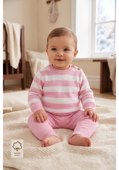 Minory Baby Çizgili 2 Li Triko Bebek Takımı Pembe Pembe