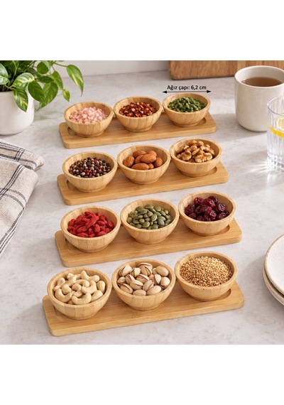 Bambu Üçlü Sosluk Stantlı Dörtlü Set Kahverengi
