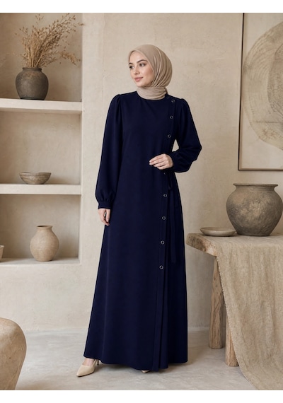 Nevayla Moda Bağlamalı Çıt Çıt Detaylı Ferace - Lacivert / F121