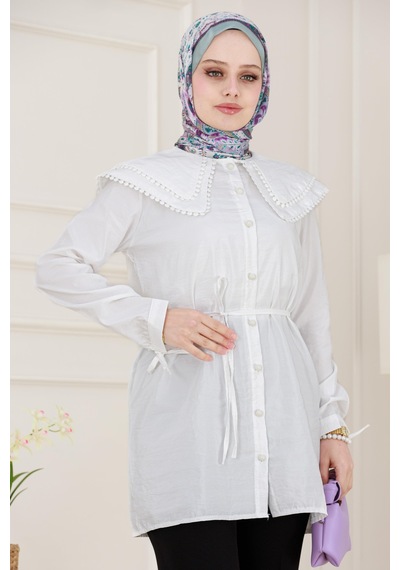 Sevitli Çift Yaka Dantelli Tunik-beyaz-4984 Beyaz
