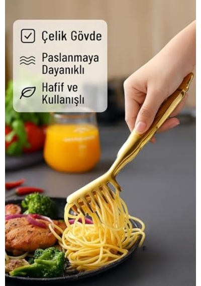 Çelik Gold Taraklı Mutfak Salata Makarna Spagetti Maşası Maşa Cin623sr