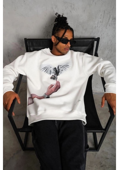 Erkek Güvercin Baskılı 3 İplik Pamuklu Bisiklet Yaka Sweatshirt - Beyaz