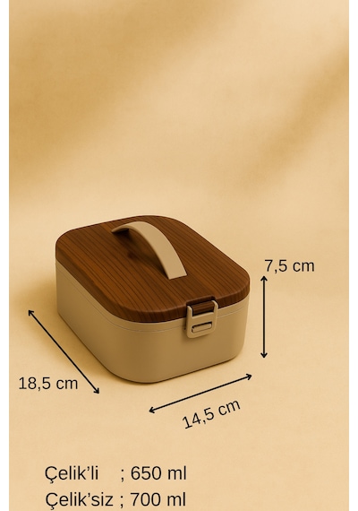 Lunchee - Çelik Bölmeli Sızdırmaz Ahşap Görünümlü Vakum Kapaklı Yemek Kabı Lunchbox 650 Ml Gri