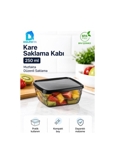 Kare Saklama Kabı 250 Ml 10x10x4 Cm Füme Şeffaf Siyah Kapaklı Bpa İçermez