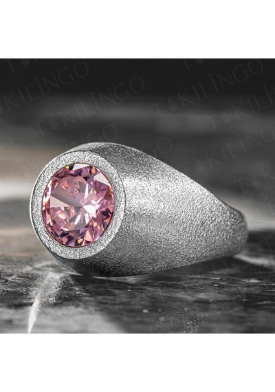 925 Ayar Gümüş Yuvarlak Pembe Zirkon Taşlı Sade Erkek Yüzük Gümüş
