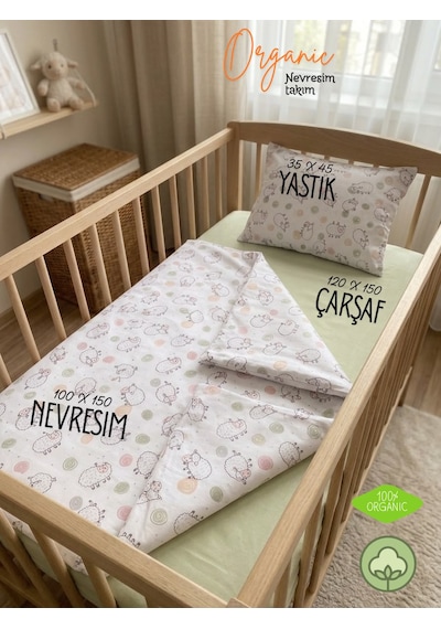 %100 Organik Pamuk Ranforce Bebek Nevresim Takımı - Eko-tex Sertifikalı Antialerjik Set Beyaz - Yeşil