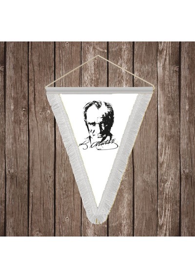 Siyah - Beyaz Mustafa Kemal Atatürk Silüeti Ve İmza Beyaz Saçaklı Üçgen Flama Bayrak Hatıra Flama Ata28 Diğer