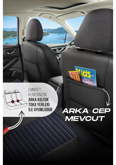 Siyah - Mavi Panda Detroit Serısı Keten Kumaş Oto Koltuk Kılıfı - Tam Set