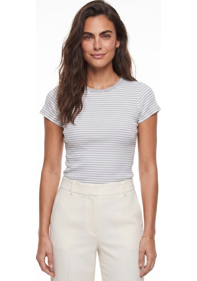 Onloox Kadın Gri-beyaz Gri Beyaz Pamuklu Esnek Fitilli Kaşkorse Bisiklet Yaka Kısa Kollu Çizgili Basic T-shirt