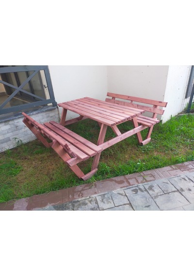 Şen Mobilya Banklı Ahşap Bahçe Masası Piknik Masası P14 Maun