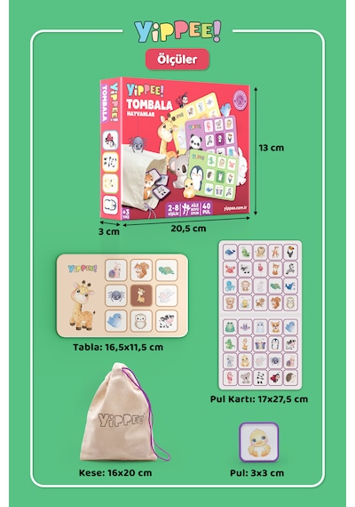 Çocuk Tombala Hayvan Temalı Ham Bez Kese 8 Tabla 40 Pul 60 Parça