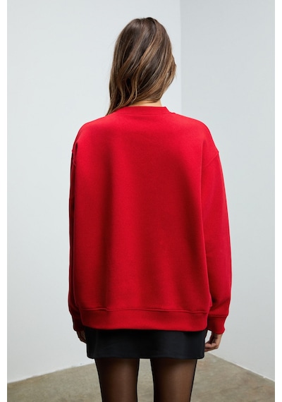 Grımelange KARIUS Kadın Organik Pamuklu İçi Polarlı Oversize Yuvarlak Yakalı Kırmızı Sweatshirt