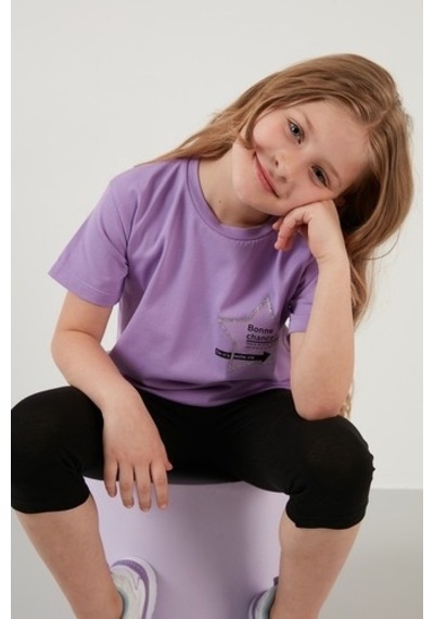Lela Baskılı Bisiklet Yaka Pamuklu Kız Çocuk T Shirt 6211046 Lila