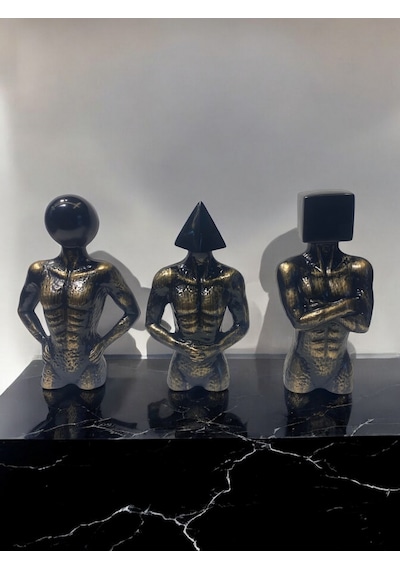 Üçlü Geometrik Başlı Soyut Set Deokratif Obje - Siyah