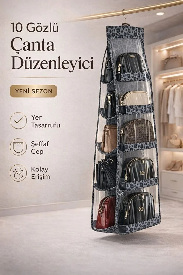 Premium Leoparlı 10 Cepli Dolap İçi Çanta Ayakkabı Düzenleyici Organizer Siyah