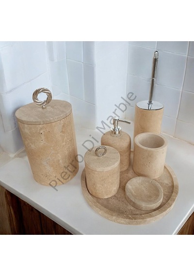 Sarı Traverten Klasik Model 7 Parça Gümüş Renk Halka Aksesuarlı Banyo Seti Sarı Traverten