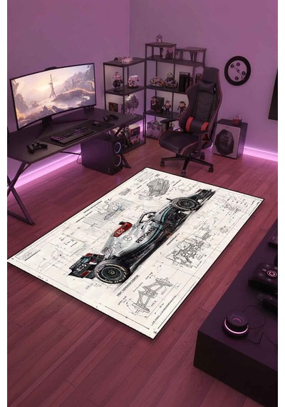 F1 Blueprint Halı Dijital Baskı Yıkanabilir Kaymaz Taban Leke Tutmaz Çok Renkli-24