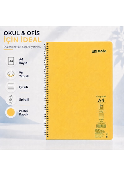 Mynote Flex Pastel A4 96 Yaprak 60 Gr Spiralli Çizgili Defter Sarı