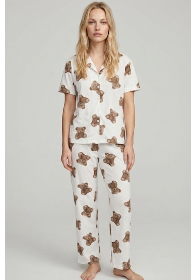 Siyah İnci İnce Soft Örme Mevsimlik Düğmeli Pijama Takımı 8002 Ekru Büyük Ayıcık