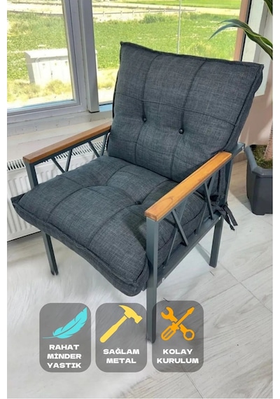 Ard & Garden Miray Düğmeli Antrasit Tekli Koltuk Fermuarlı Keten Kumaş, Modern Konforlu Bahçe Balkon Mobilyası Antrasit