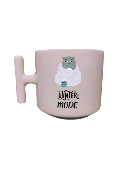 Kedili Winter Mode Yazılı Krem Rengi Eğlenceli Esprili Özel Tasarım T Kupa Bardak Latte Bardağı Beyaz