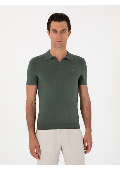 Koyu Yeşil Slim Fit Apaş Yaka Triko T-shirt