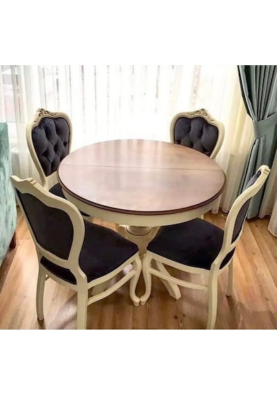 Masifart  100 cm Yuvarlak Baba Ayak Masa + 4 Sandalye Takımı Oymalı