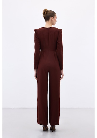 Sateen Kruvaze Süs Taşlı Krep Tulum - Bordo-136568 Bordo