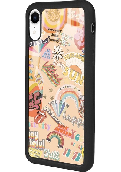 Apple Uyumlu iPhone Xr Vintage Sticker Tasarımlı Glossy Telefon Kılıfı Çok Renkli
