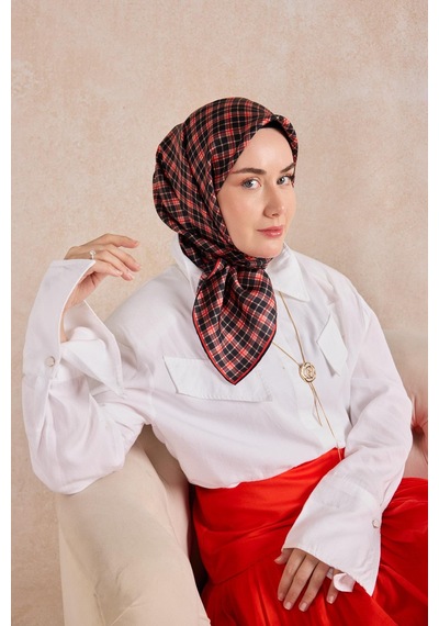 Silk Home Twill İpek Eşarp Ekose Kırmızı Çok Renkli