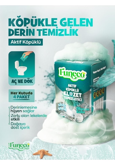 Funeco Klozet Tuvalet Wc Temizleyici, 1 Kutuda 4 Paket 300g , Aktif Köpüklü, Doğa Dostu, Okyanus