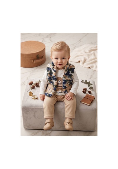 Deniva Kids Erkek Bebek Ayıcık Baskılı Kürklü Yelek Sweatshirt Ve Pantolon 3'lü Takım Bej
