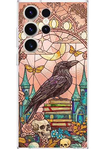 Printify Samsung Galaxy S23 Ultra İle Uyumlu Vitray Bilge Kuzgun Tasarımlı Şeffaf Silikon Kılıf Şeffaf