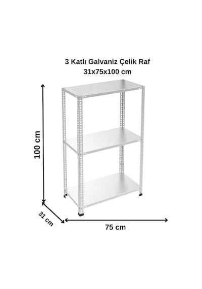 3 Katlı Galvaniz Çelik Raf - Depo, Arşiv, Kiler, Dosya, Market Rafı 31x75x100 Cm