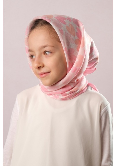 Hürrem Bone Pudra Dijital Baskılı Çocuk Tesettür Eşarp Pamuk Polyester Kalp Desenli 6003 06 Pudra