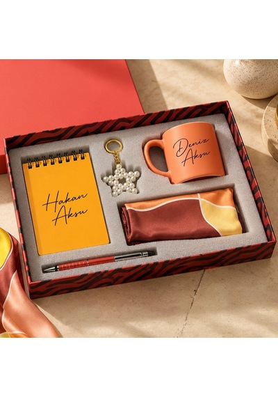 Bk Gift Kişiye Özel İsimli Not Defteri & Kupa Bardak & Yıldız Anahtarlık & Kalem & Fular - Hediye Kutulu Set-1