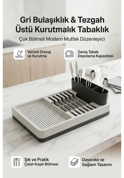 Gri Bulaşıklık Tabaklık Bardaklık Kaşıklık Tezgah Üstü Mutfak Organizeri Standı