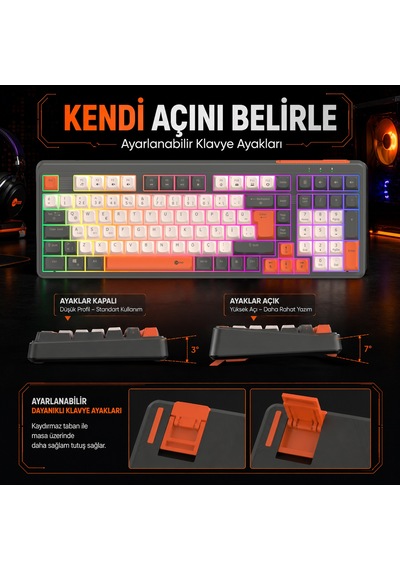 Lecoo GK104 3 Modlu Kablosuz RGB 104 Tuş Membran Türkçe Q Gaming Oyuncu Klavyesi