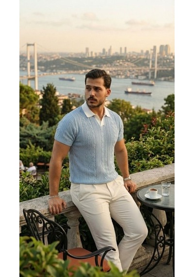 Veraura Lifestyle Erkek Desenli Kısa Kollu Triko Tişört - %100 Pamuk Akrilik Bebe Mavisi