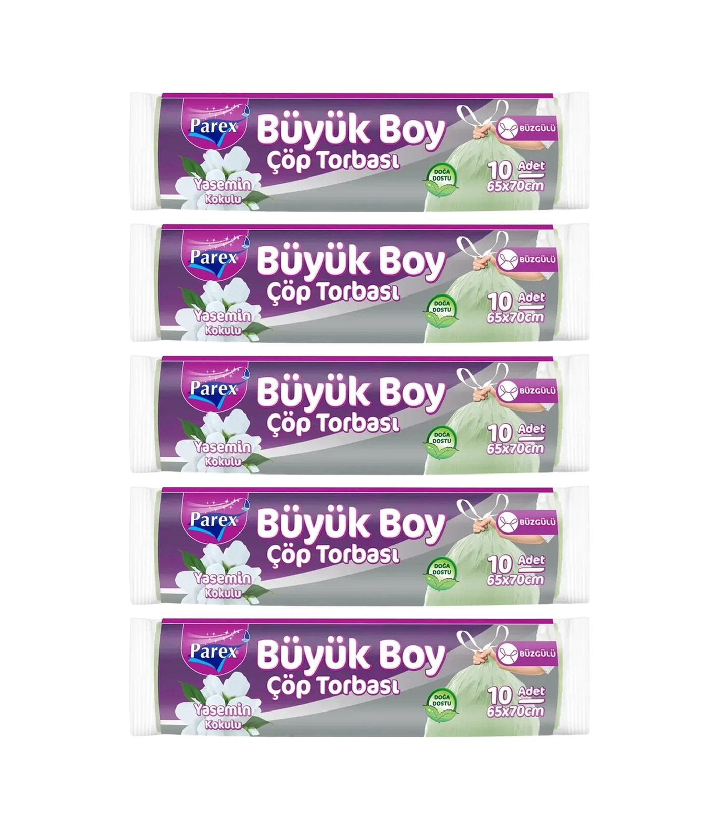 Büzgülü 10'lu Çöp Torbası Yasemin Kokulu Büyük Boy 65 X 70 Cm Beşli Paket