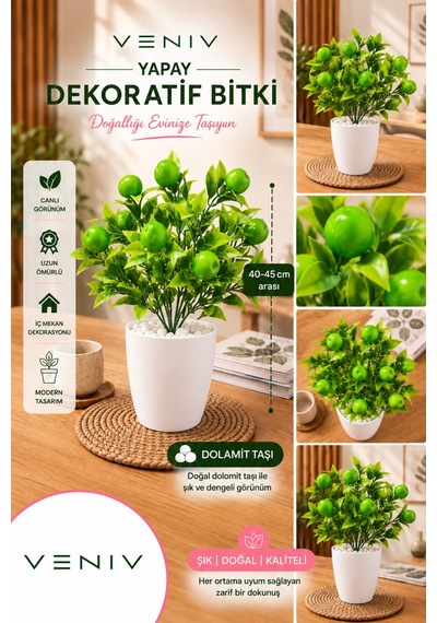 Yapay Yeşil Elma Meyveli Dekoratif Bitki 40-45 Cm Dolomit Taşlı Saksı Diğer