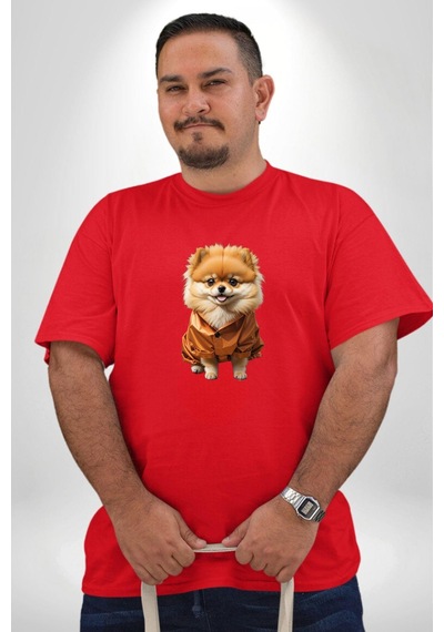 Angemiel Teacup Pomernian Çeket Kırmızı Büyük Beden Erkek Kadın Unisex Basic Ön Baskılı Tişört Kırmızı