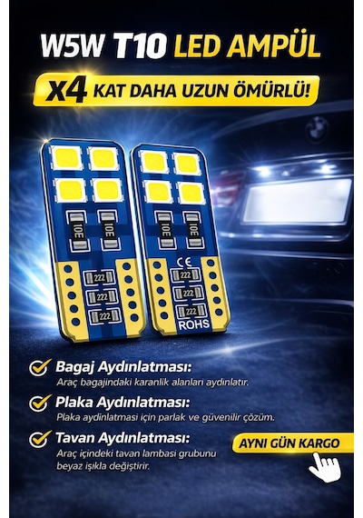 T10 W5w Led Ampül 2 Adet X4 Uzun Ömür Ultra Parlak Beyaz Park Plaka Tavan Bagaj Ledi