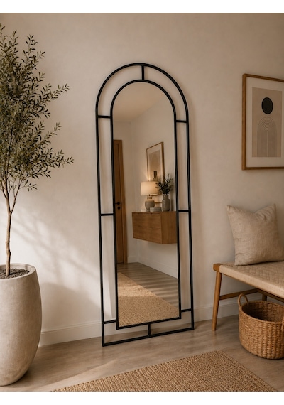 Effe Siyah Metal Çerçeveli 180x70 Cm Pencere Model Oval Ayaklı Boy Aynası